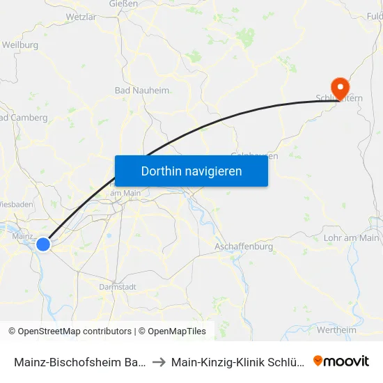 Mainz-Bischofsheim Bahnhof to Main-Kinzig-Klinik Schlüchtern map