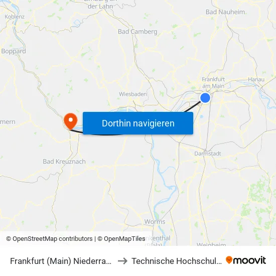 Frankfurt (Main) Niederrad Bahnhof to Technische Hochschule Bingen map