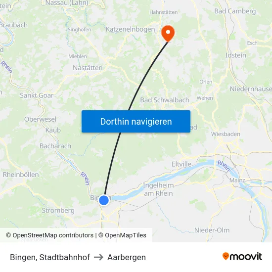 Bingen, Stadtbahnhof to Aarbergen map