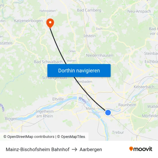 Mainz-Bischofsheim Bahnhof to Aarbergen map