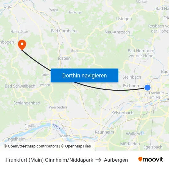 Frankfurt (Main) Ginnheim/Niddapark to Aarbergen map