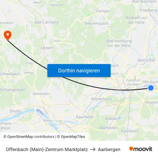 Offenbach (Main)-Zentrum Marktplatz to Aarbergen map