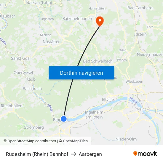 Rüdesheim (Rhein) Bahnhof to Aarbergen map