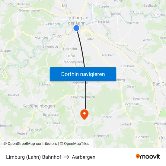 Limburg (Lahn) Bahnhof to Aarbergen map