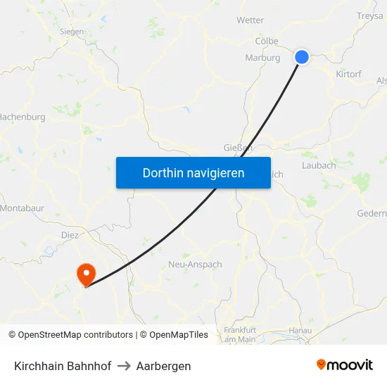 Kirchhain Bahnhof to Aarbergen map