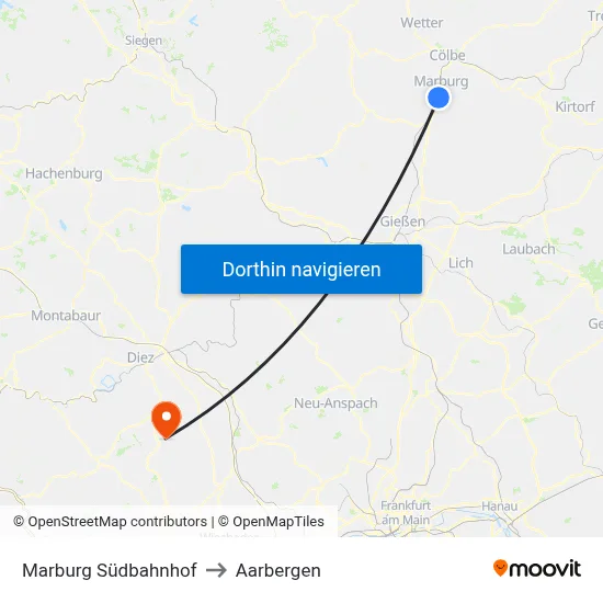 Marburg Südbahnhof to Aarbergen map