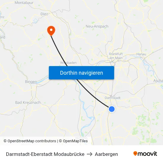 Darmstadt-Eberstadt Modaubrücke to Aarbergen map