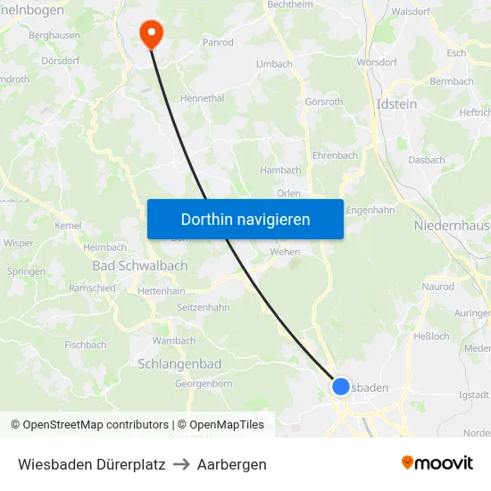 Wiesbaden Dürerplatz to Aarbergen map