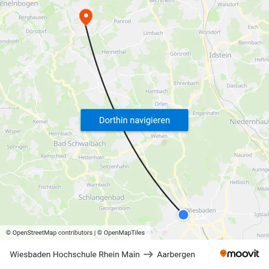 Wiesbaden Hochschule Rhein Main to Aarbergen map