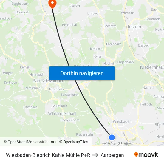 Wiesbaden-Biebrich Kahle Mühle P+R to Aarbergen map
