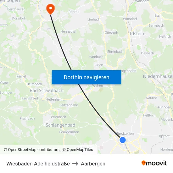 Wiesbaden Adelheidstraße to Aarbergen map