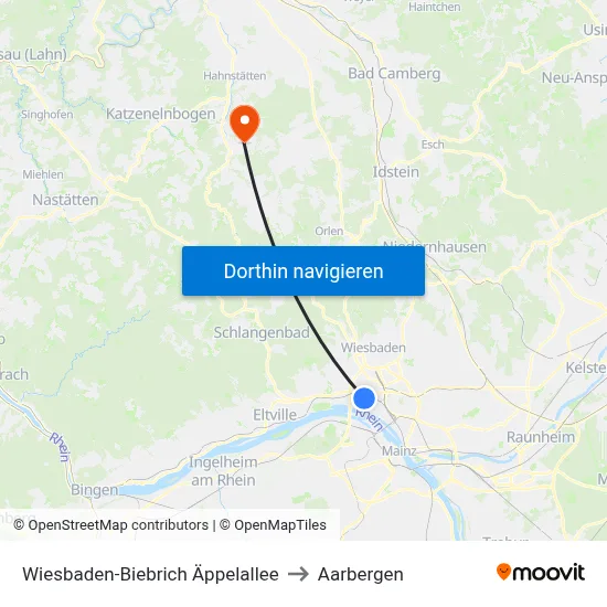 Wiesbaden-Biebrich Äppelallee to Aarbergen map