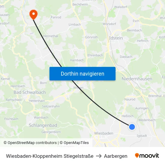 Wiesbaden-Kloppenheim Stiegelstraße to Aarbergen map