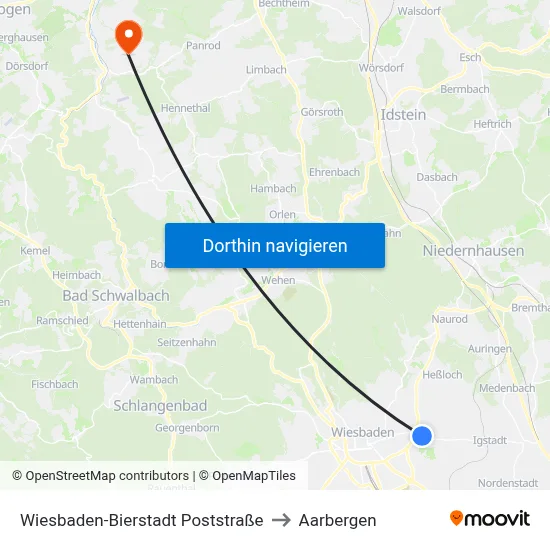 Wiesbaden-Bierstadt Poststraße to Aarbergen map