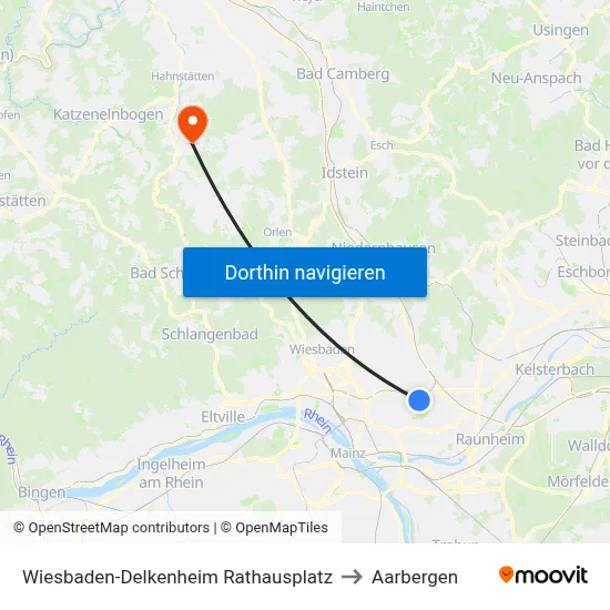 Wiesbaden-Delkenheim Rathausplatz to Aarbergen map
