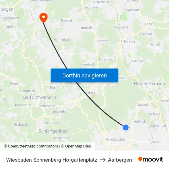 Wiesbaden-Sonnenberg Hofgartenplatz to Aarbergen map