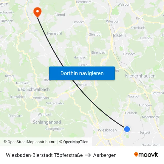 Wiesbaden-Bierstadt Töpferstraße to Aarbergen map