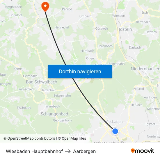 Wiesbaden Hauptbahnhof to Aarbergen map