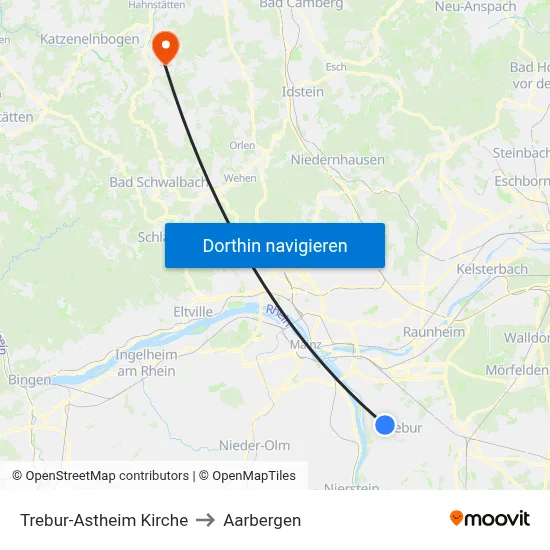 Trebur-Astheim Kirche to Aarbergen map