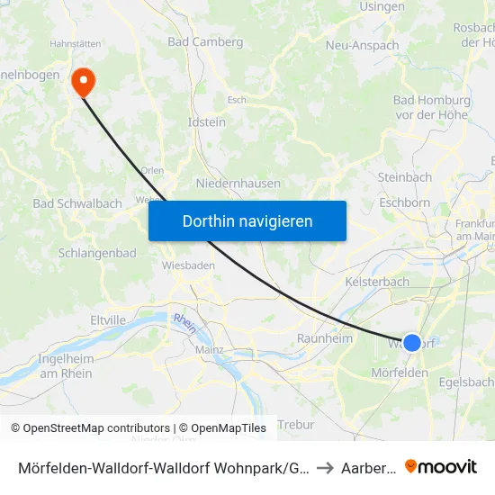 Mörfelden-Walldorf-Walldorf Wohnpark/Gedenkstätte to Aarbergen map