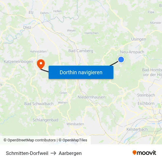 Schmitten-Dorfweil to Aarbergen map