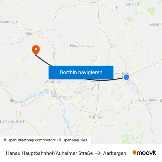 Hanau Hauptbahnhof/Auheimer Straße to Aarbergen map