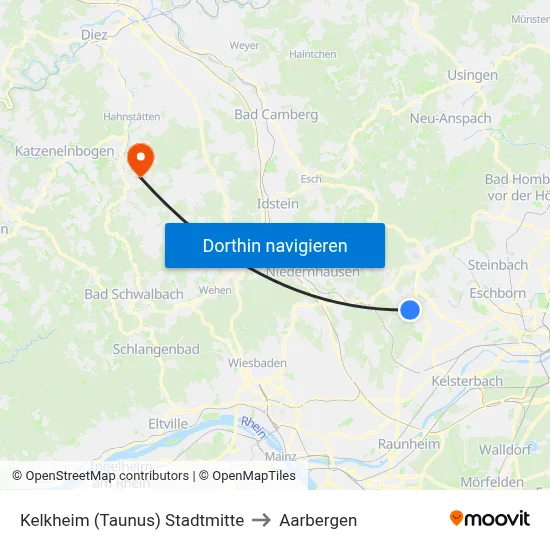 Kelkheim (Taunus) Stadtmitte to Aarbergen map