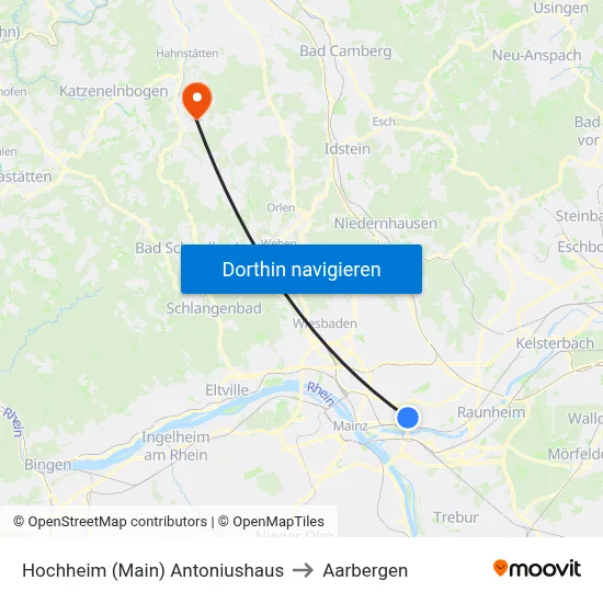 Hochheim (Main) Antoniushaus to Aarbergen map