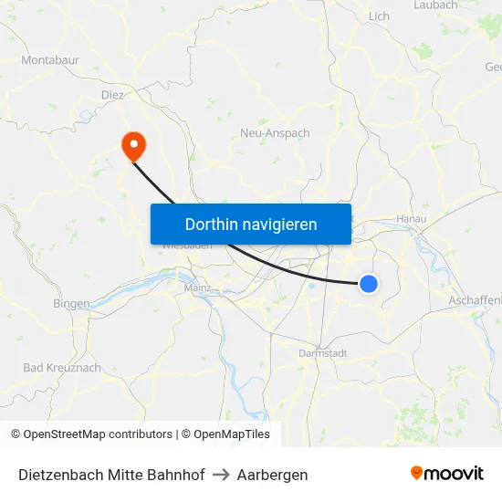 Dietzenbach Mitte Bahnhof to Aarbergen map