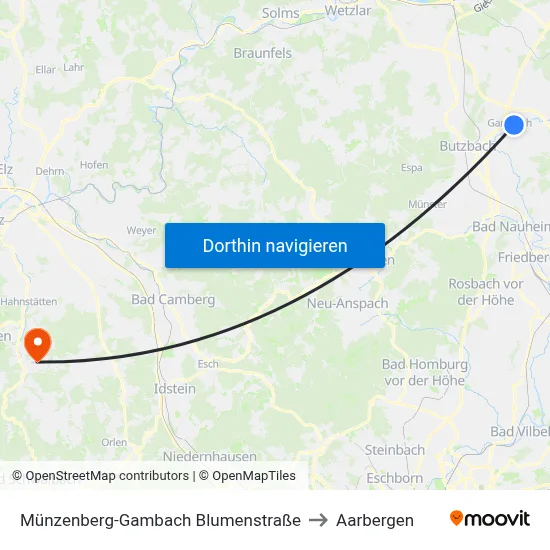 Münzenberg-Gambach Blumenstraße to Aarbergen map