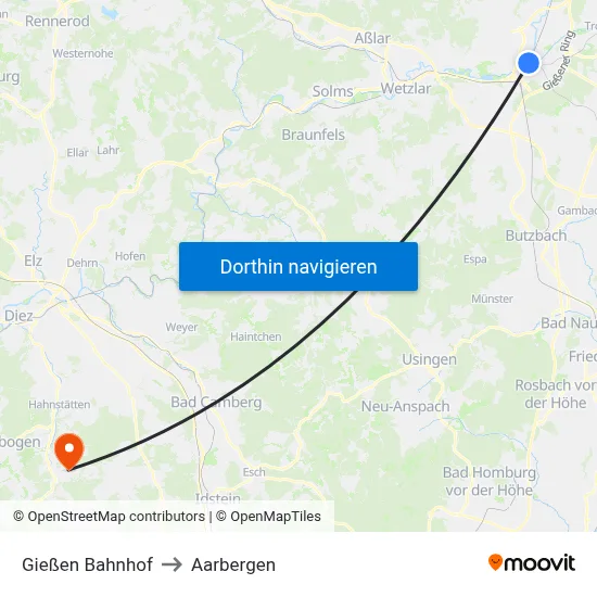 Gießen Bahnhof to Aarbergen map