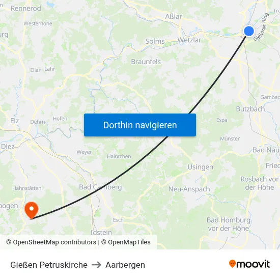 Gießen Petruskirche to Aarbergen map