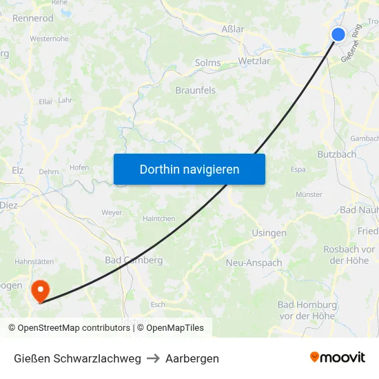 Gießen Schwarzlachweg to Aarbergen map