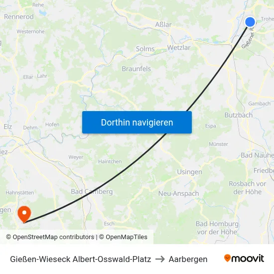Gießen-Wieseck Albert-Osswald-Platz to Aarbergen map