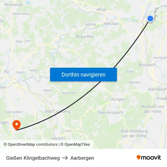 Gießen Klingelbachweg to Aarbergen map