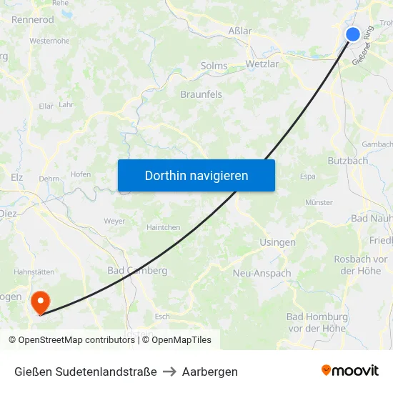 Gießen Sudetenlandstraße to Aarbergen map