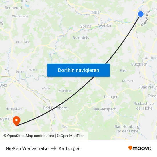 Gießen Werrastraße to Aarbergen map