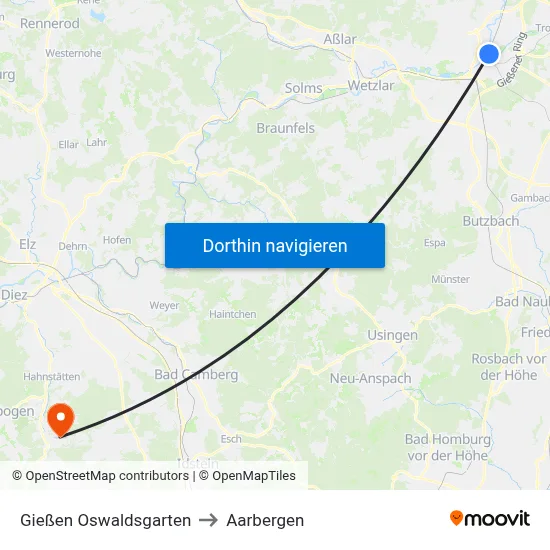 Gießen Oswaldsgarten to Aarbergen map