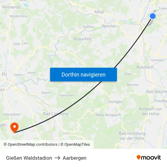 Gießen Waldstadion to Aarbergen map