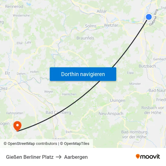 Gießen Berliner Platz to Aarbergen map