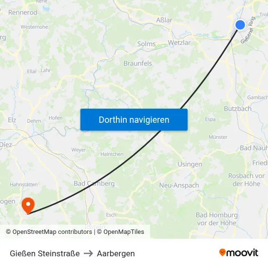 Gießen Steinstraße to Aarbergen map