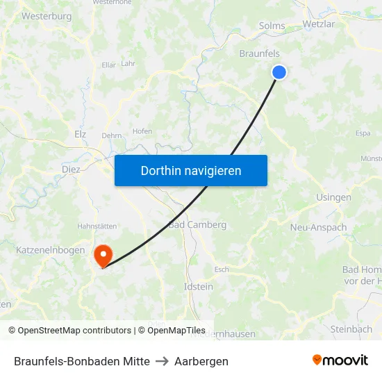 Braunfels-Bonbaden Mitte to Aarbergen map