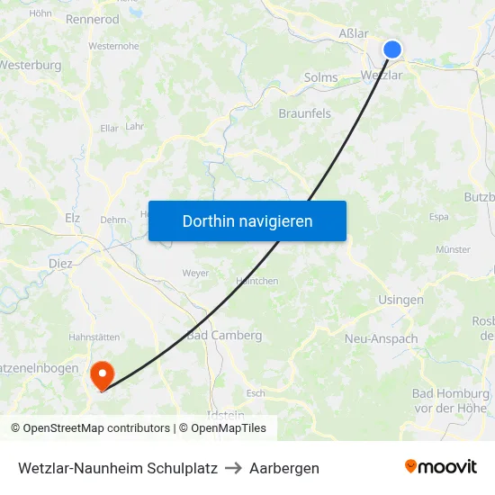 Wetzlar-Naunheim Schulplatz to Aarbergen map
