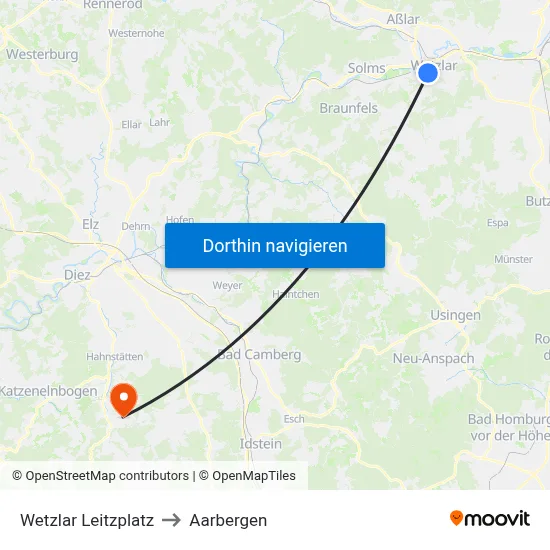 Wetzlar Leitzplatz to Aarbergen map