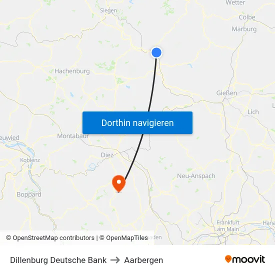 Dillenburg Deutsche Bank to Aarbergen map