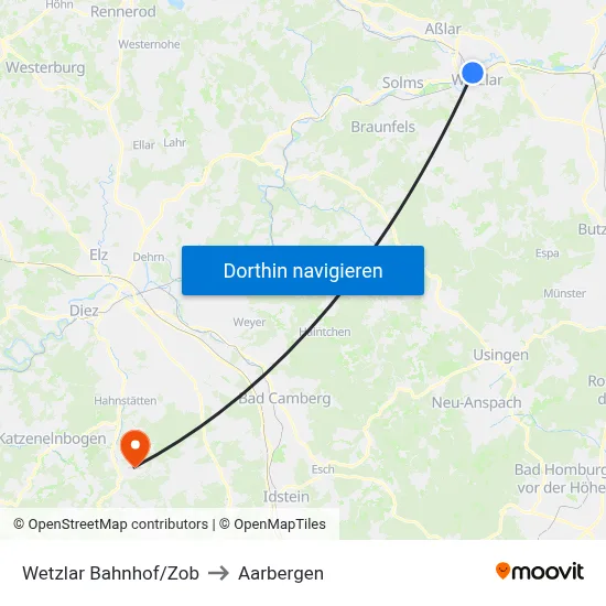Wetzlar Bahnhof/Zob to Aarbergen map