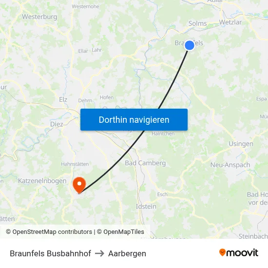 Braunfels Busbahnhof to Aarbergen map
