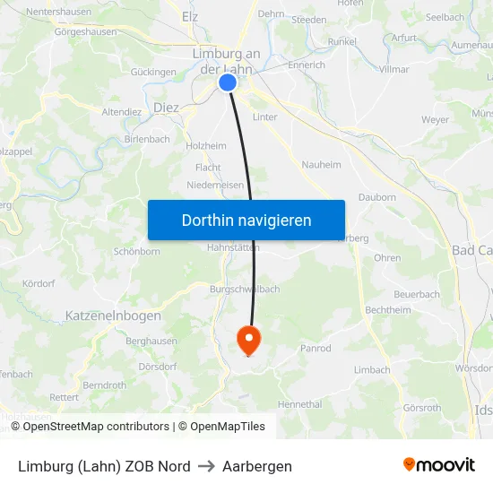 Limburg (Lahn) ZOB Nord to Aarbergen map