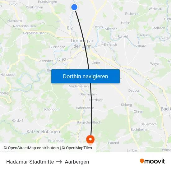 Hadamar Stadtmitte to Aarbergen map