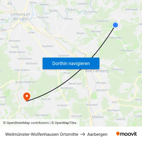 Weilmünster-Wolfenhausen Ortsmitte to Aarbergen map